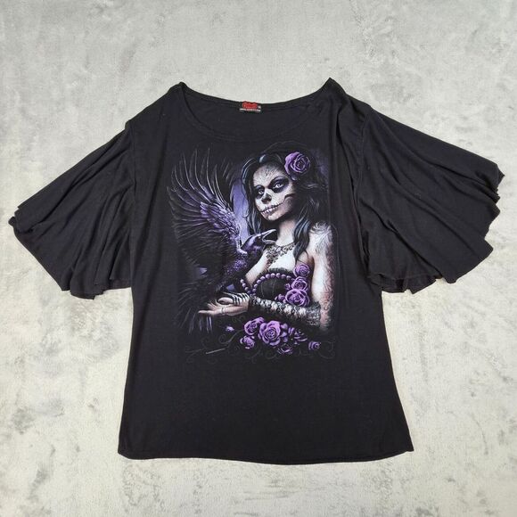 Spiral Direct Day of The‎ Dead Knit Top Women's 3X Juniors Sugar Skull Flutter - Picture 1 of 8